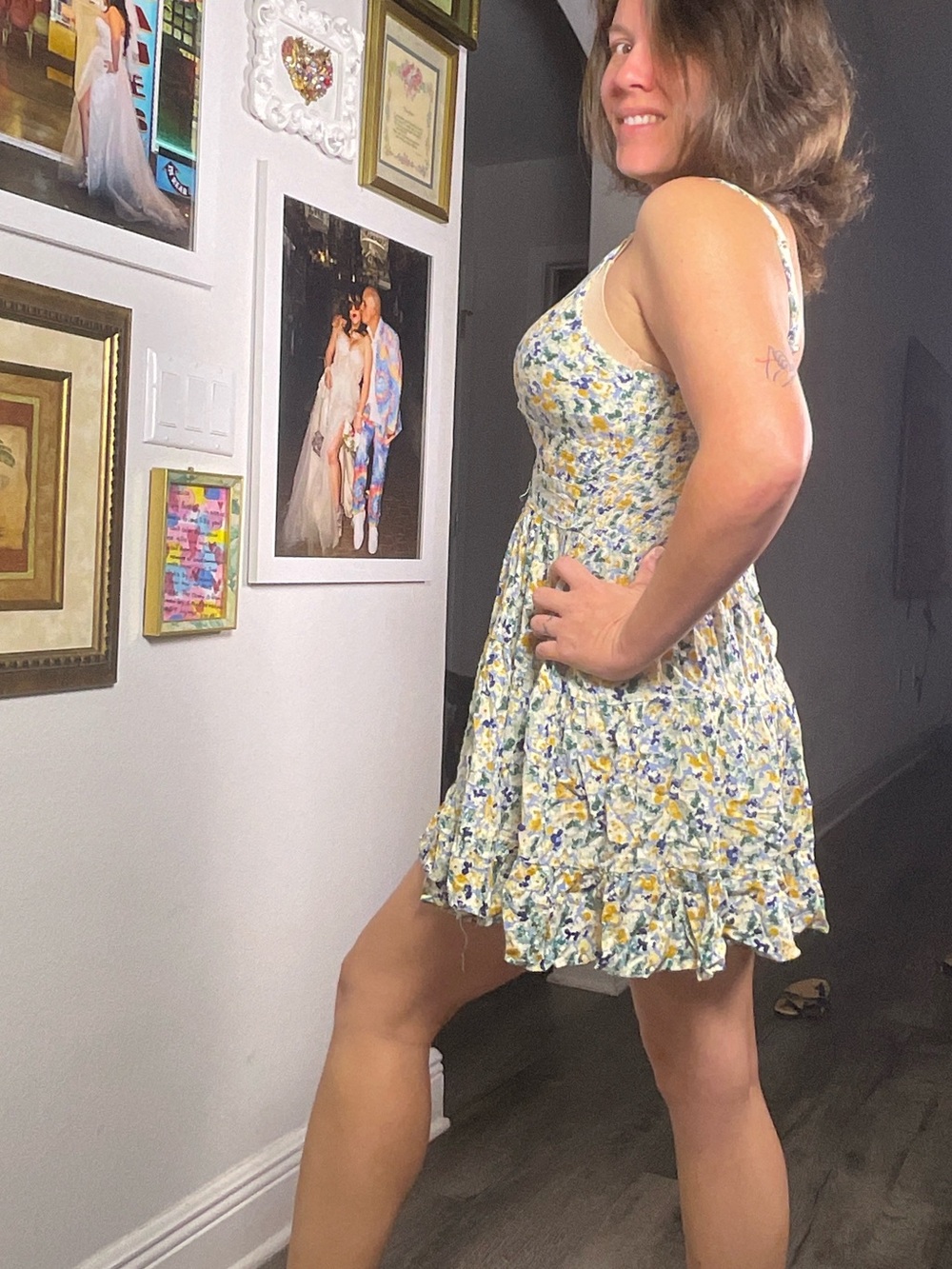 Angie boho floral tiered mini sundress size large rayon keyhole babydoll a-line - Picture 6 of 11